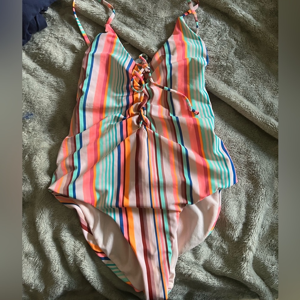Bathing suit Rainbow colors dark and neutral colors crossed string on both sides